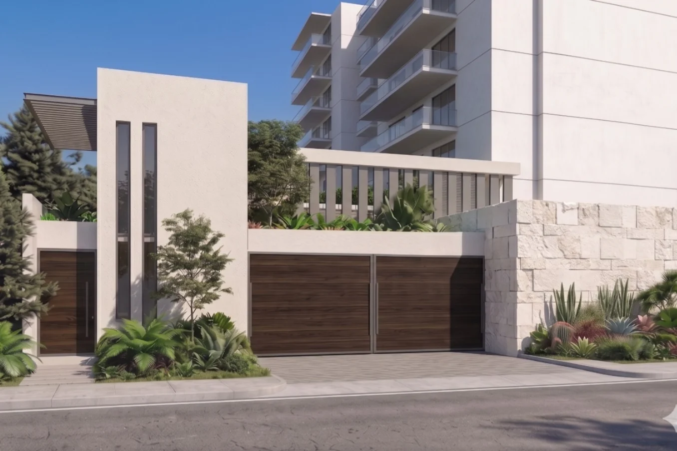 Render ilustrativo del acceso vehicular con portón de madera y fachada del edificio